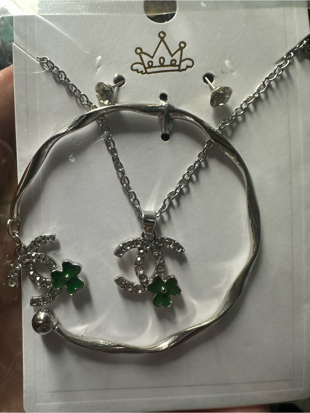Silver-Tone Green Clover Pendant Necklace, Earrings and Bracelet Set